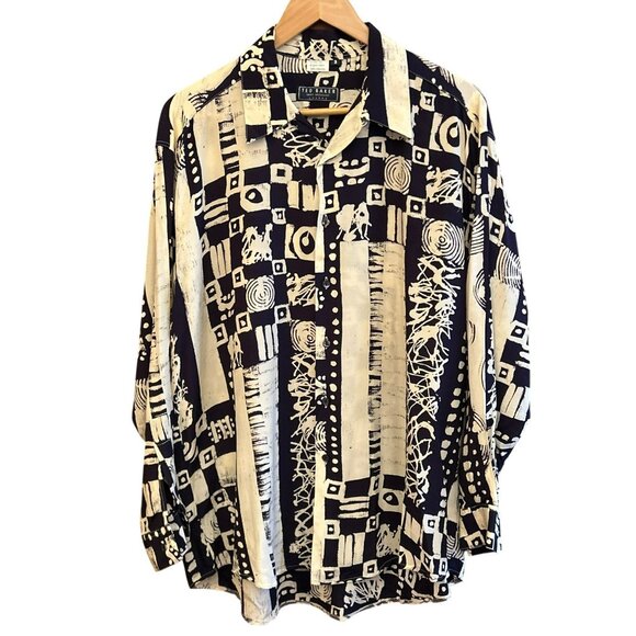 Y2K Vintage Ted Baker Men's Black Ivory Geometric Print Button Up Shirt Sz 3 - Picture 1 of 4